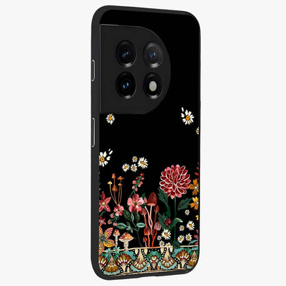 Midnight Bloom Pattern Glass Case for 1+11 side perspective highlighting intricate floral textures and premium edges