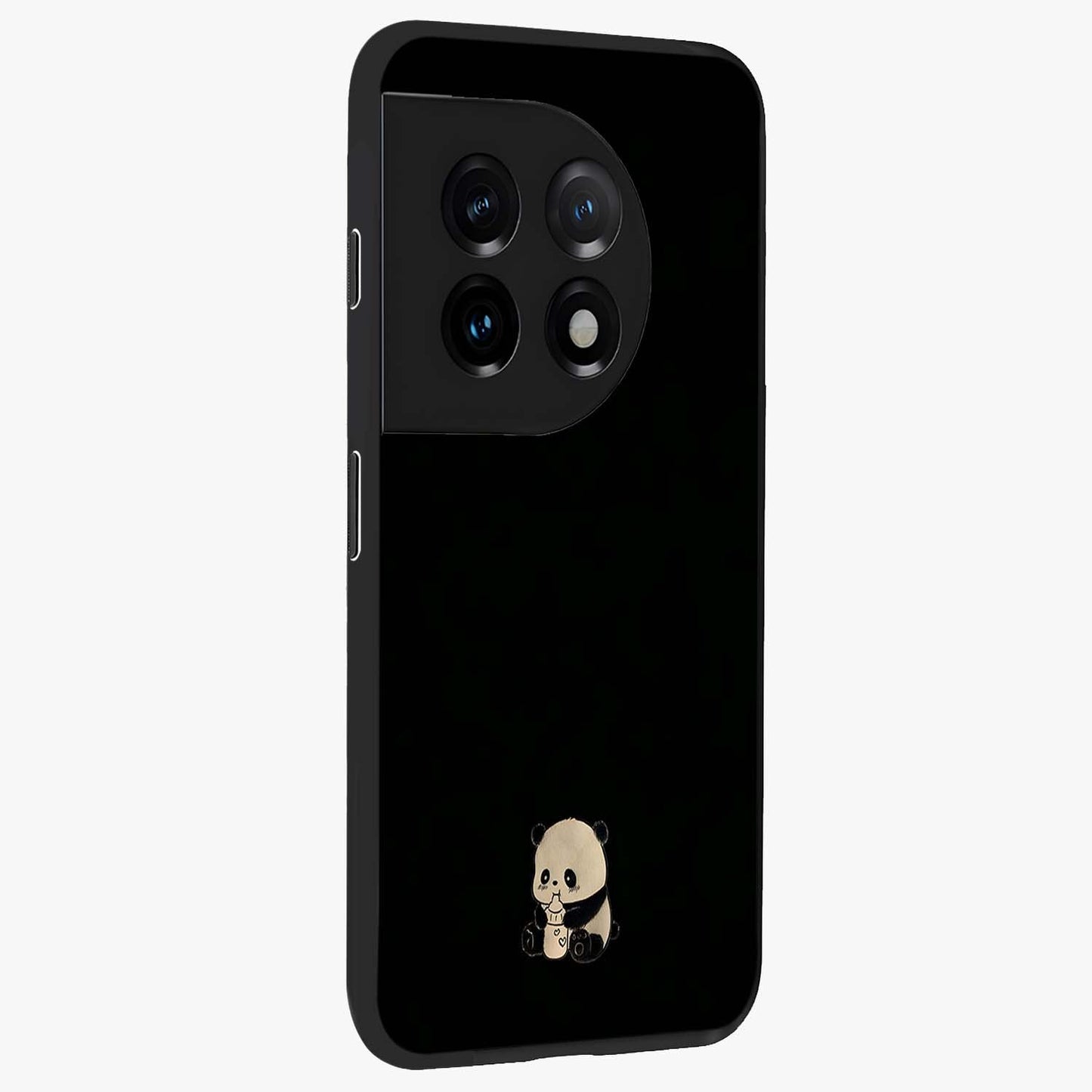 Midnight Panda Love Glass Case for 1+11 side perspective highlighting charming illustration details and premium build