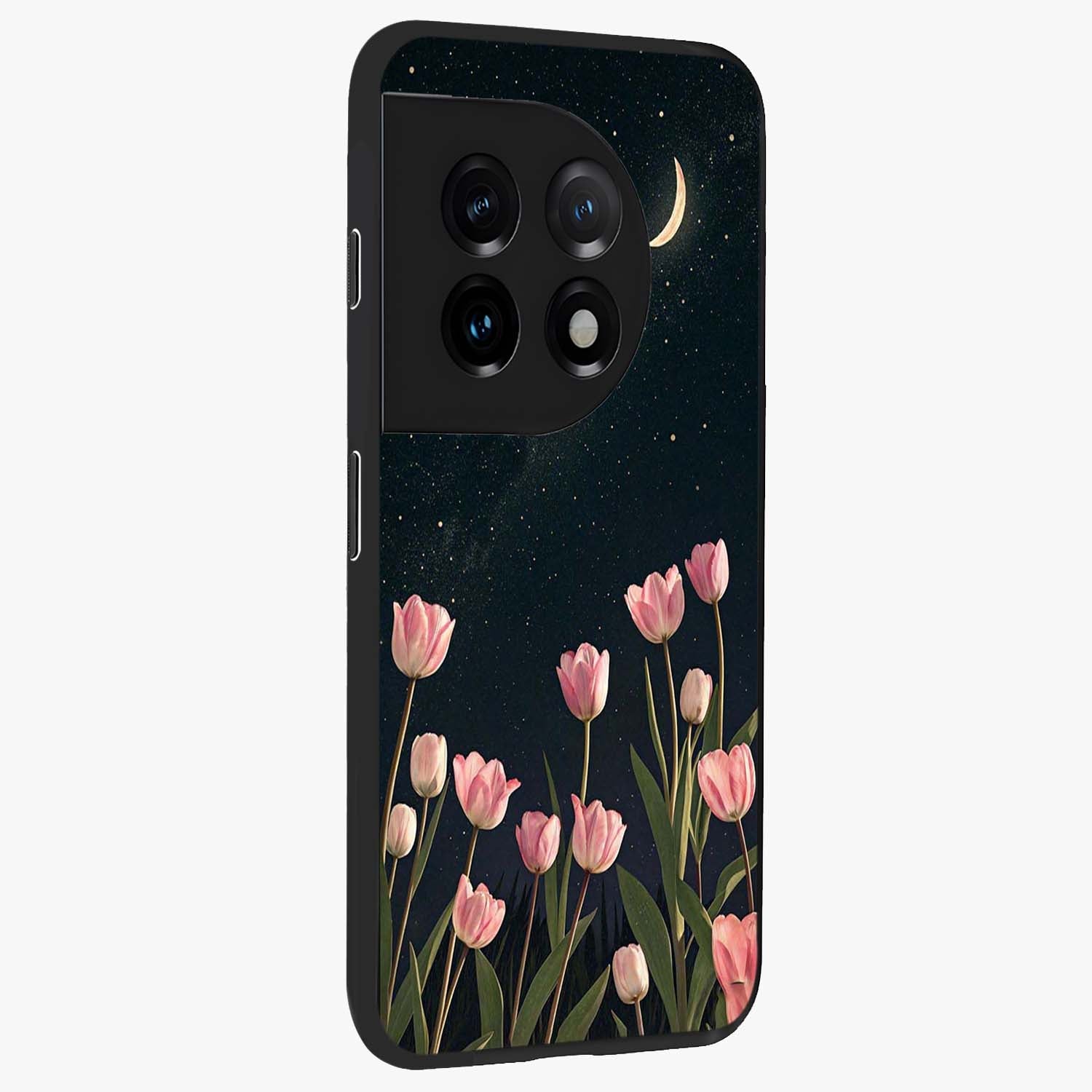 Midnight Tulip Whispers Vibe Glass Case for 1+11 side perspective highlighting graceful floral textures and premium edges