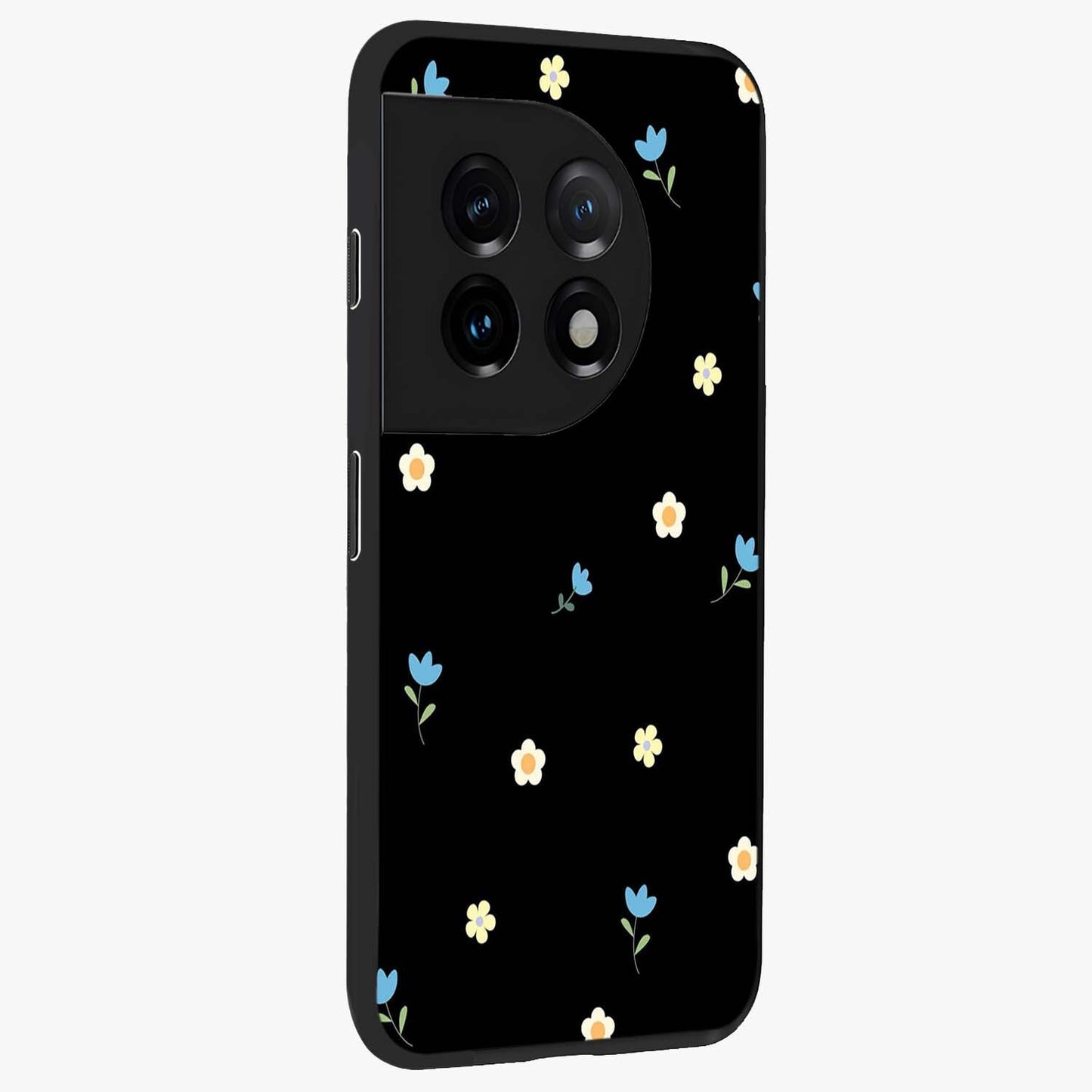 Minimalistic Blue With White Flower Pattern Glass Case for 1+11 side perspective highlighting subtle floral textures and premium edges