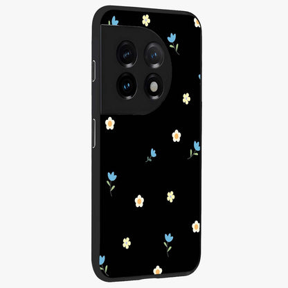 Minimalistic Blue With White Flower Pattern Glass Case for 1+11 side perspective highlighting subtle floral textures and premium edges