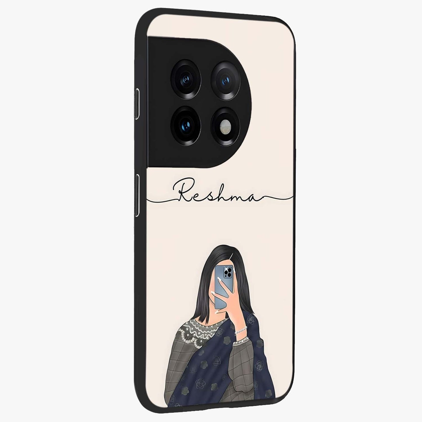 Mirror Mood Muse With Custom Name Glass Case for 1+11 side perspective highlighting custom text detailing and premium edges