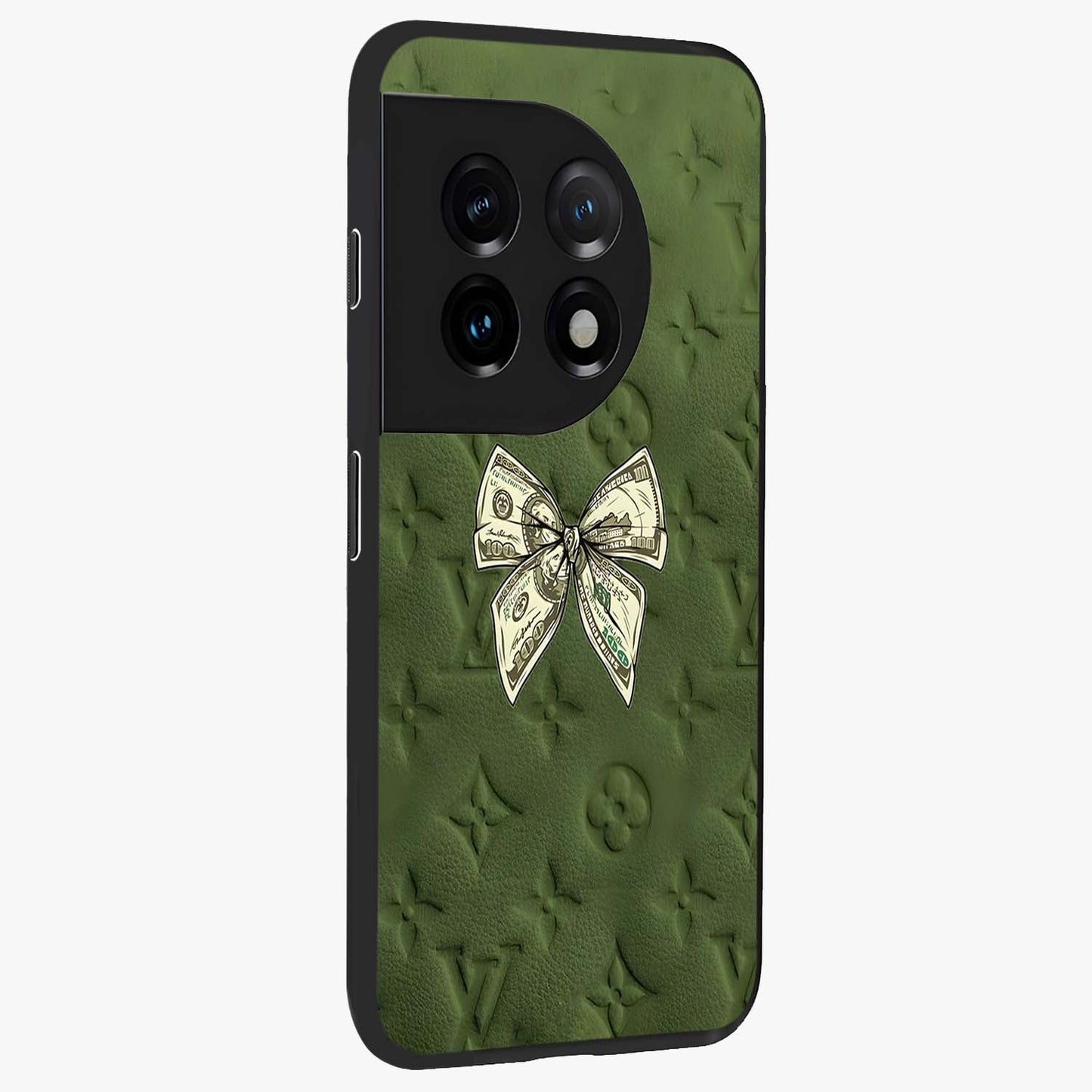 Money Bow Lv Glass Case for 1+11 side perspective highlighting stylish textures and sleek build