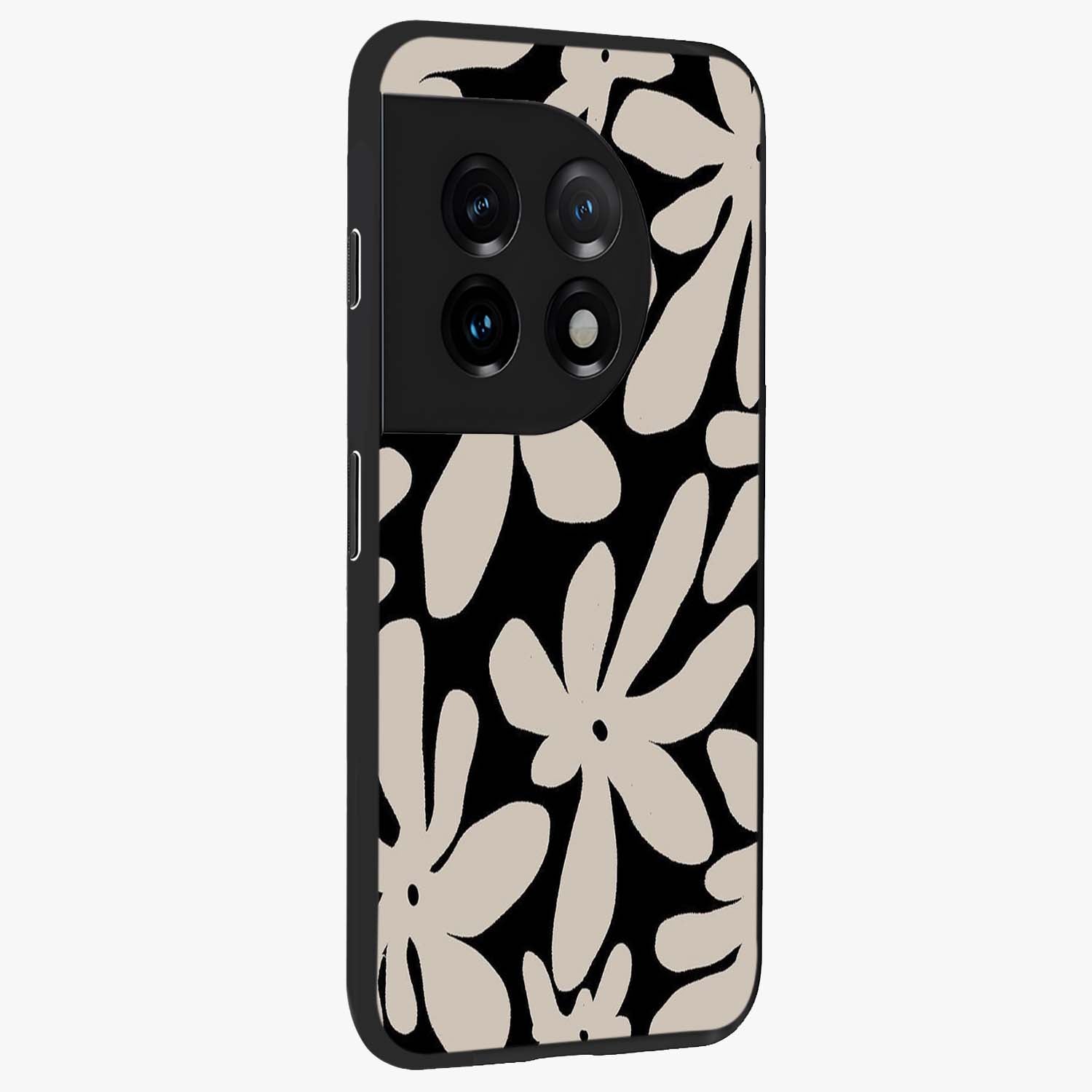 Monochrome Petal Dance Glass Case for 1+11 side perspective highlighting refined textures and premium edges