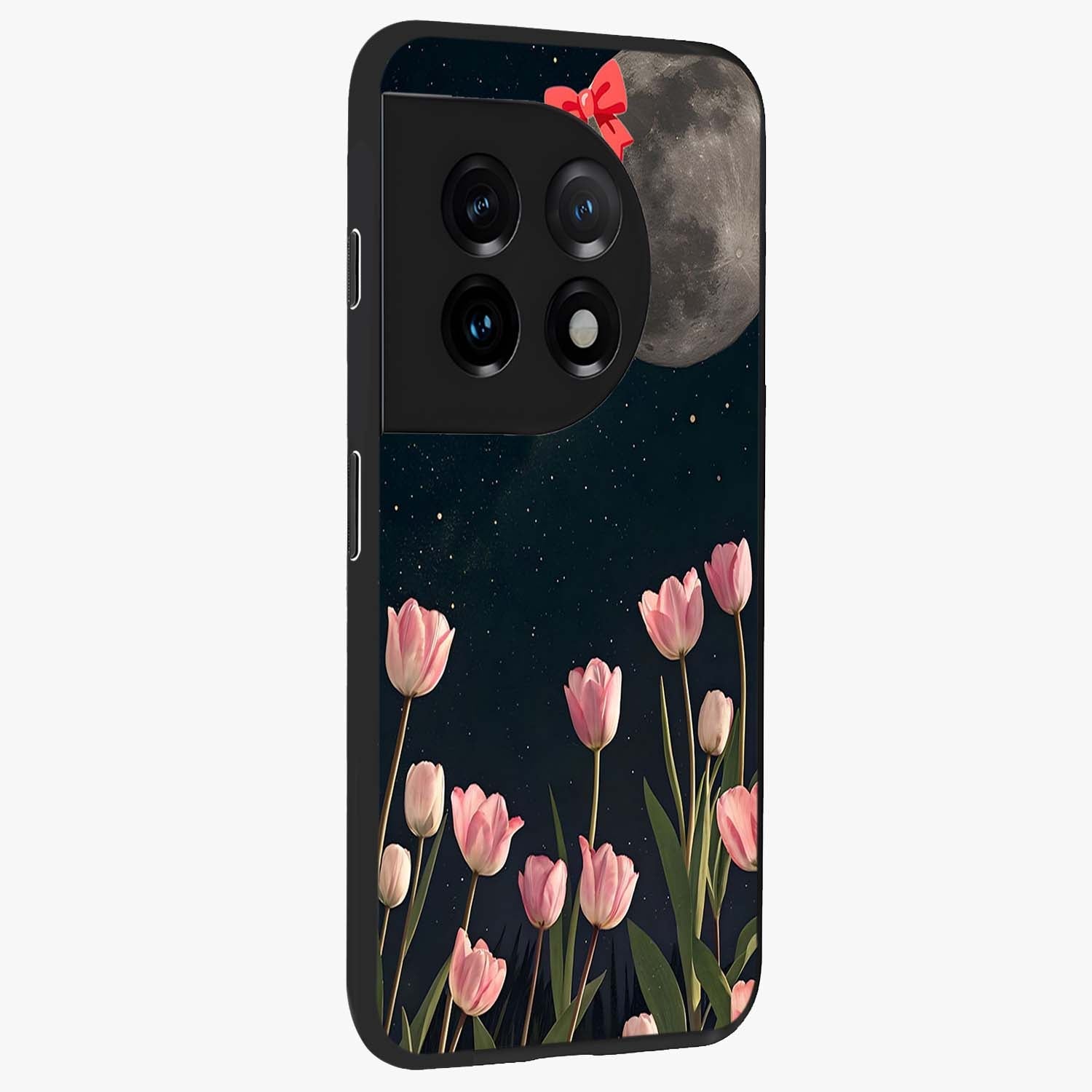 Moonlit Night Tulip Glass Case for 1+11 side perspective highlighting delicate petal textures and sleek build