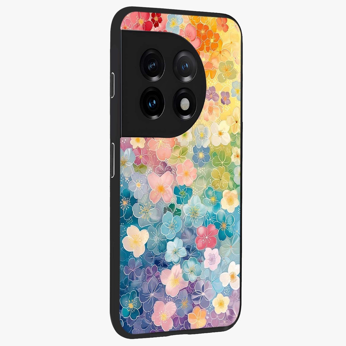 Multiple Background With Flower Glass Case for 1+11 side perspective highlighting rich floral textures and premium edges