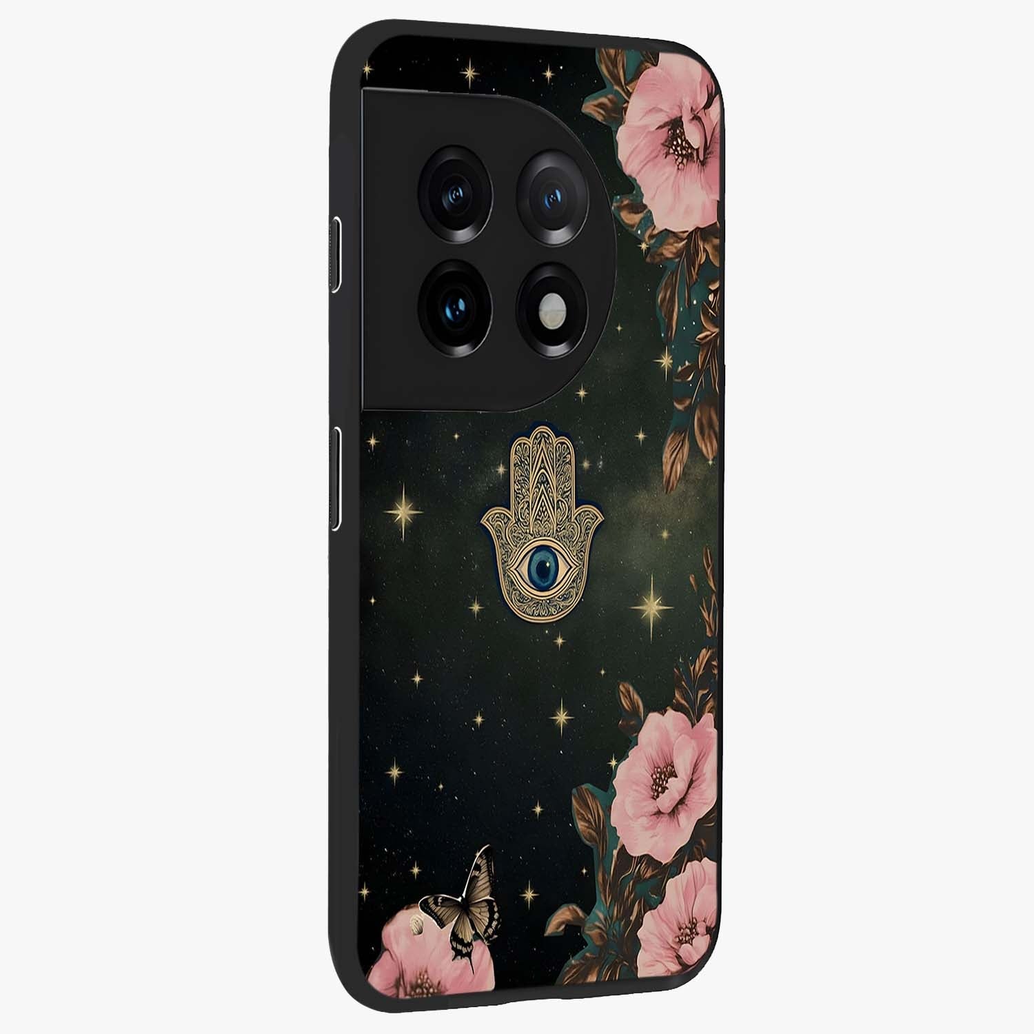 Mystic Bloom Protection Glass Case for 1+11 side perspective highlighting intricate bloom textures and sleek build