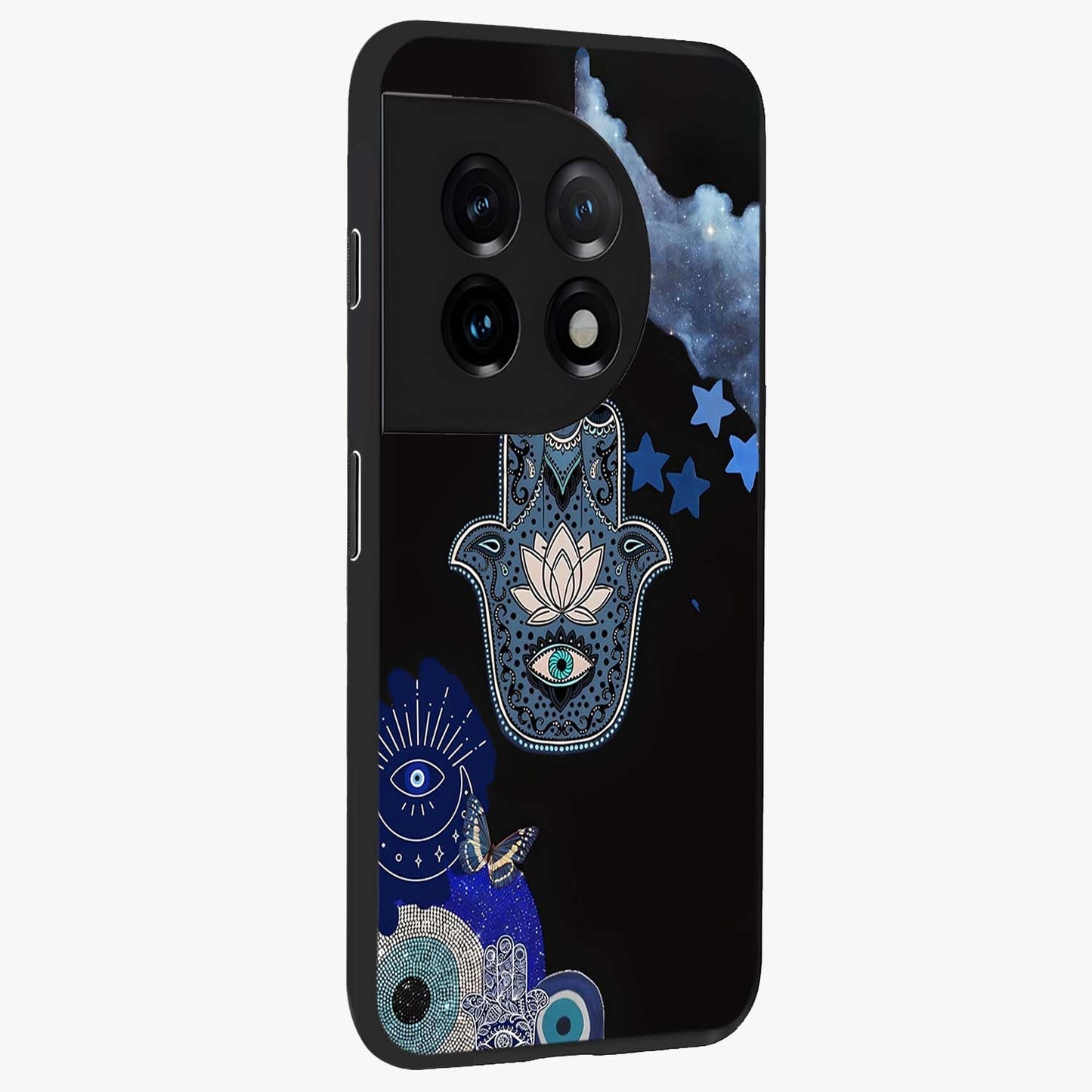 Mystic Hand Aura Glass Case for 1+11 side perspective highlighting subtle textures and sleek premium build