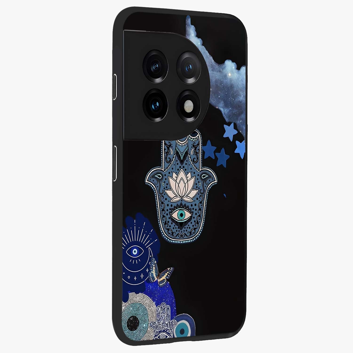 Mystic Hand Aura Glass Case for 1+11 side perspective highlighting subtle textures and sleek premium build