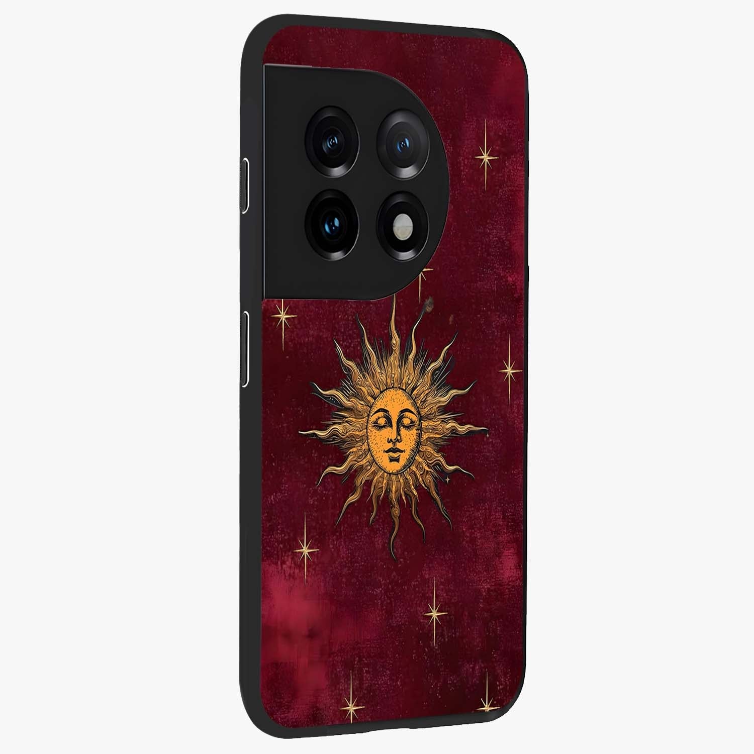 Mystic Solar Glow Glass Case for 1+11 side perspective highlighting luminous detailing and premium edges