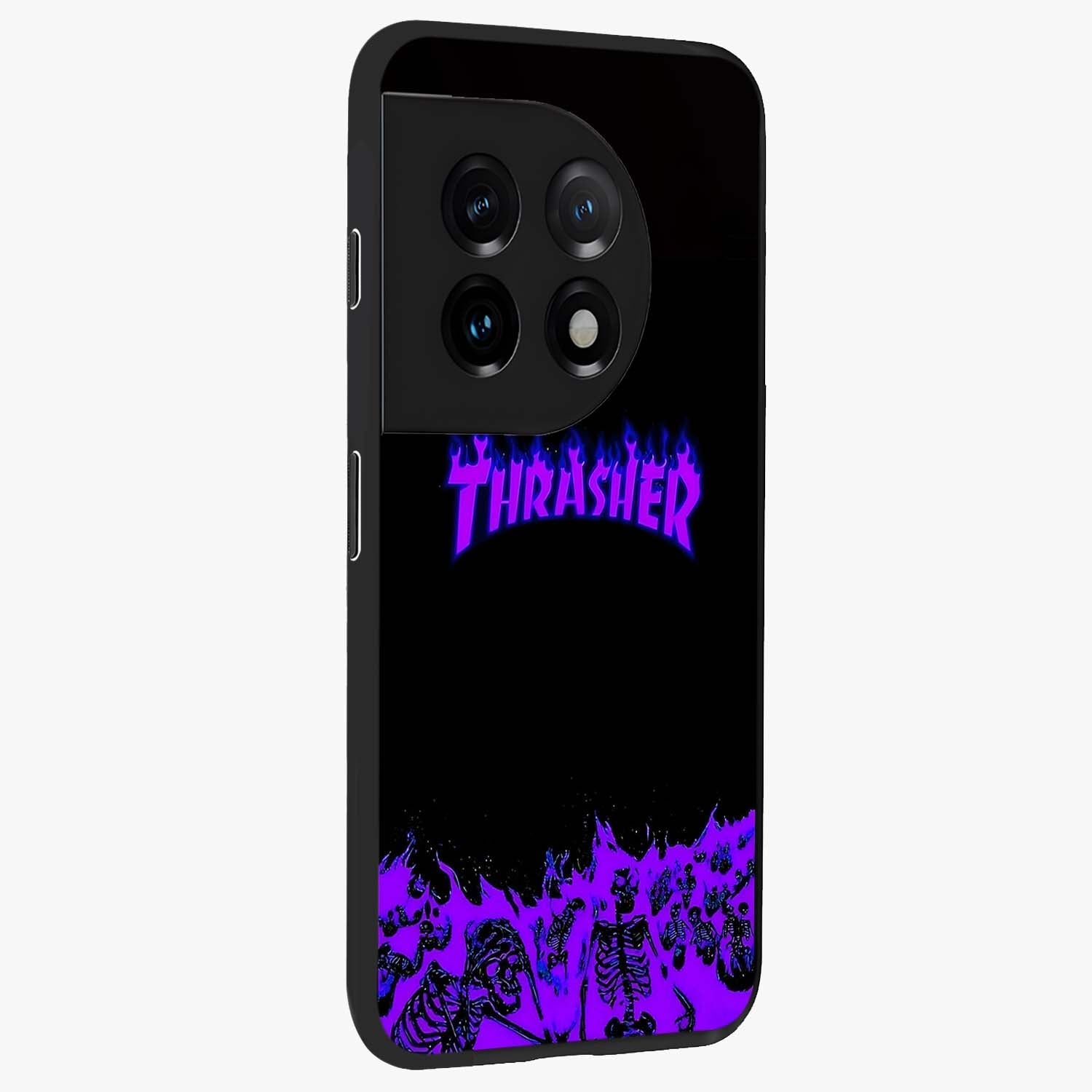 Neon Flame Riot Glass Case for 1+11 side perspective highlighting fiery detailing and sleek premium build