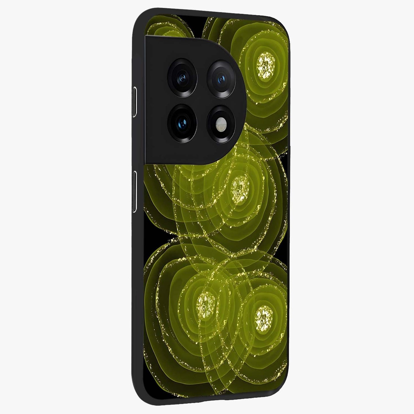 Neon Orbit Bloom Marble Glass Case for 1+11 side perspective highlighting luminous textures and premium edges