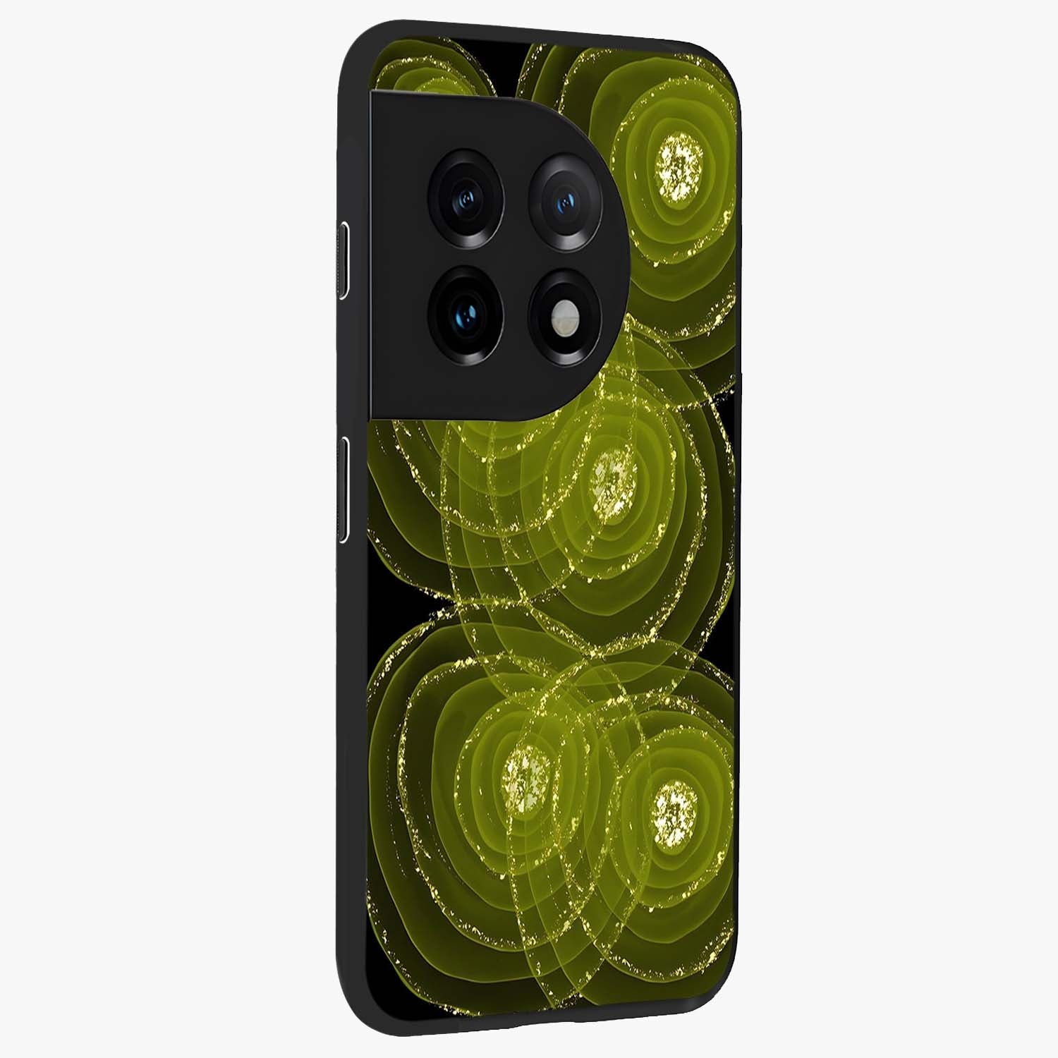 Neon Orbit Bloom Marble Glass Case for 1+11 side perspective highlighting luminous textures and premium edges
