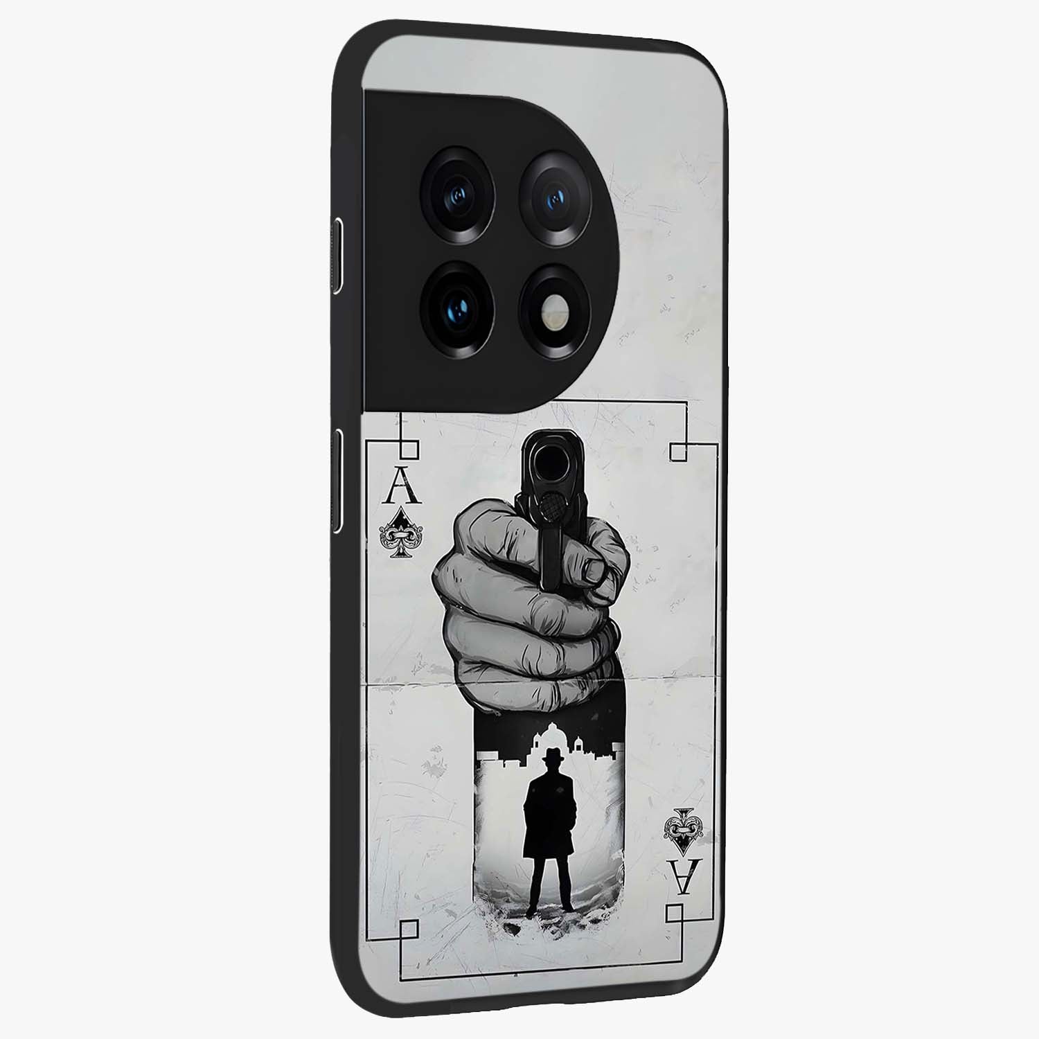 Noir Trigger Fate Glass Case for 1+11 side perspective highlighting strong contrast textures and premium edges
