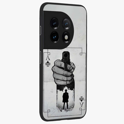 Noir Trigger Fate Glass Case for 1+11 side perspective highlighting strong contrast textures and premium edges
