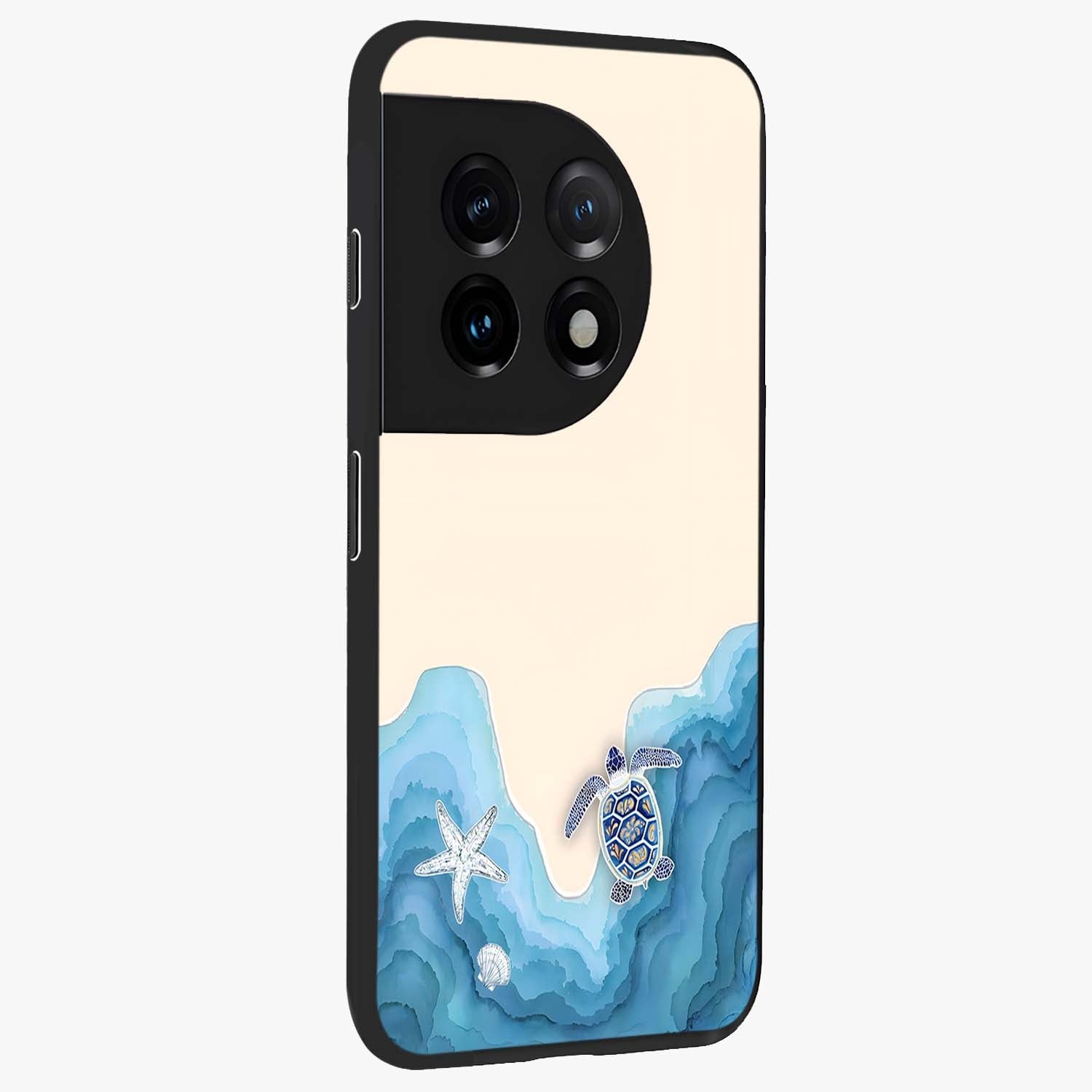 Ocean Drift Turtle Glass Case for 1+11 side perspective highlighting aquatic textures and premium edges