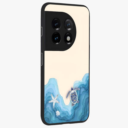 Ocean Drift Turtle Glass Case for 1+11 side perspective highlighting aquatic textures and premium edges
