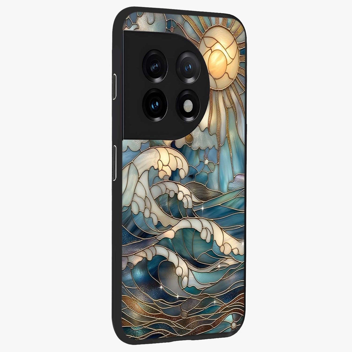 Ocean Mosaic Art Glass Case for 1+11 side perspective highlighting intricate tile textures and smooth build
