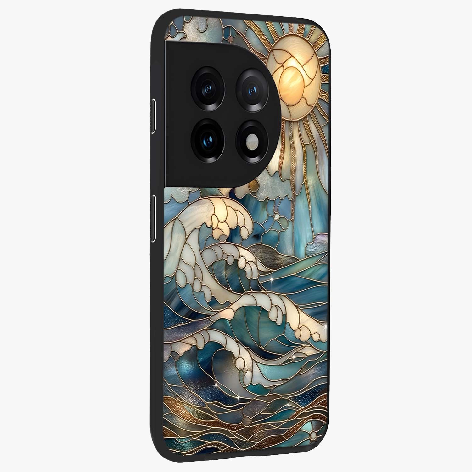 Ocean Mosaic Art Glass Case for 1+11 side perspective highlighting intricate tile textures and smooth build