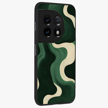 Organic Swirl Design Glass Case for 1+11 side perspective highlighting fluid textures and premium edges