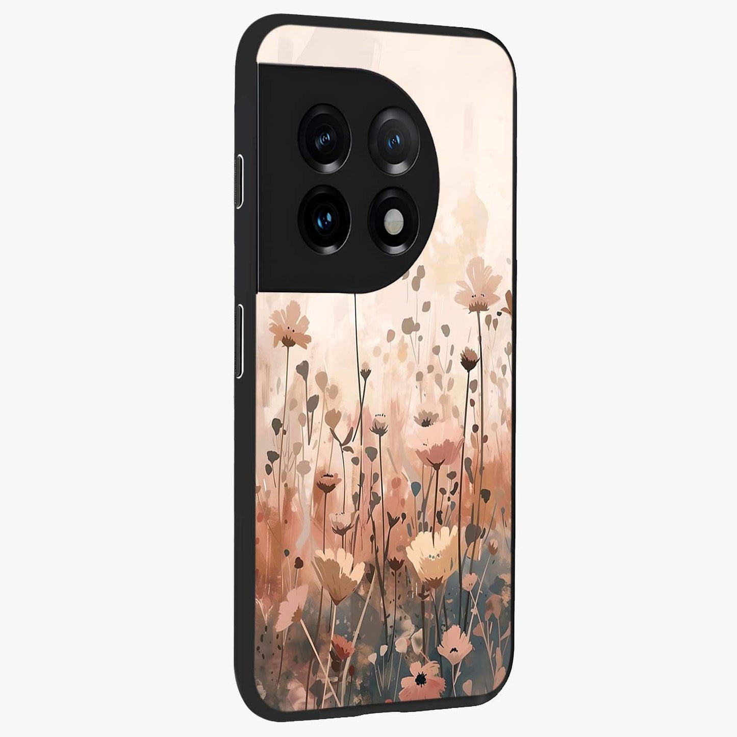 Pastel Wildflowers Glass Case for 1+11 side perspective highlighting vibrant bloom textures and smooth premium build