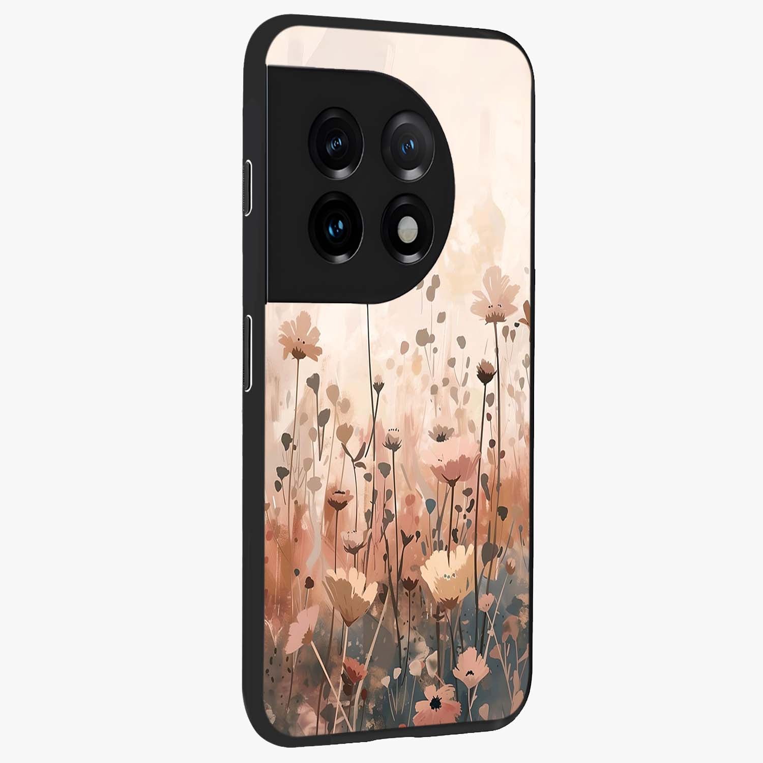 Pastel Wildflowers Glass Case for 1+11 side perspective highlighting vibrant bloom textures and smooth premium build