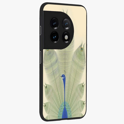Peacock Feather Grace Glass Case for 1+11 side perspective highlighting intricate plume textures and premium edges