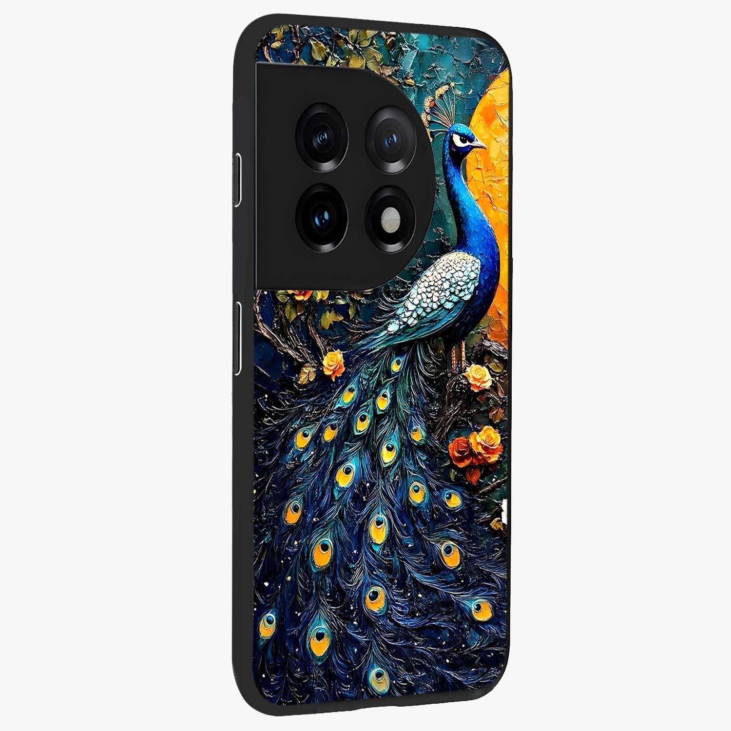 Peacock With Yellow Moon Glass Case for 1+11 side perspective highlighting vibrant plumage detailing and premium edges