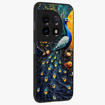 Peacock With Yellow Moon Glass Case for 1+11 side perspective highlighting vibrant plumage detailing and premium edges