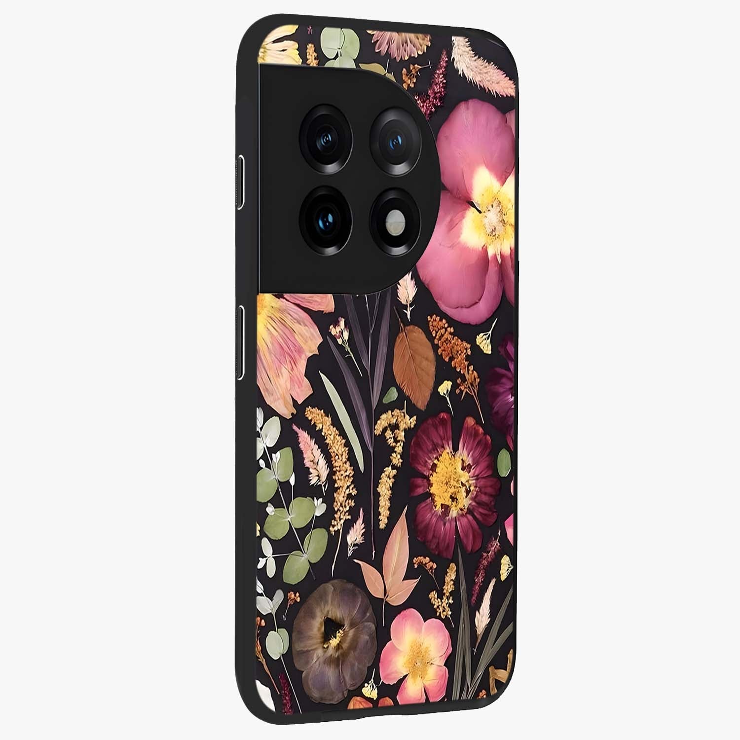 Petal Dream Tapestry Glass Case for 1+11 side perspective highlighting woven floral textures and sleek build