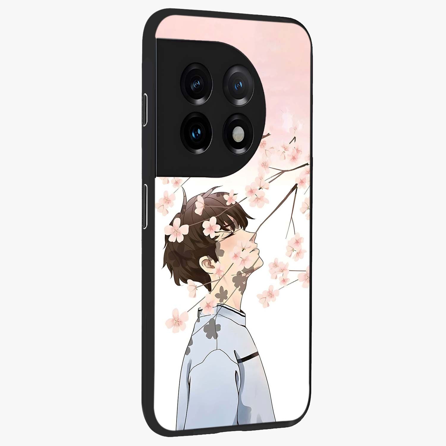 Pink Blossom Boy Glass Case for 1+11 side perspective highlighting delicate floral textures and sleek build
