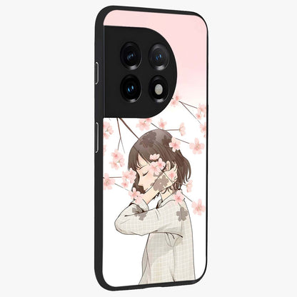 Pink Blossom Girl Glass Case for 1+11 side perspective highlighting elegant textures and premium edges