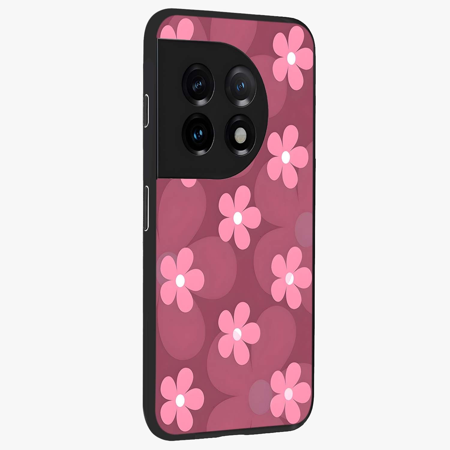 Pink Daisy Flower Pattern Glass Case for 1+11 side perspective highlighting bright floral textures and smooth build