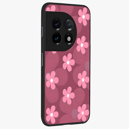 Pink Daisy Flower Pattern Glass Case for 1+11 side perspective highlighting bright floral textures and smooth build