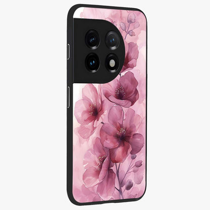 Pink Floral Glass Case for 1+11 side perspective highlighting subtle floral textures and premium edges