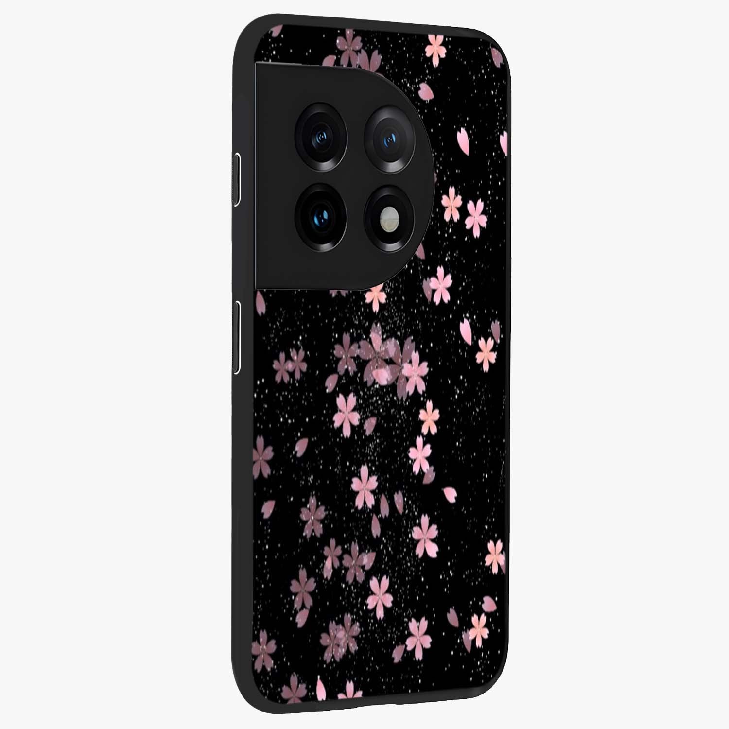 Pink Flower Black Background Glass Case for 1+11 side perspective highlighting vivid bloom textures and sleek build