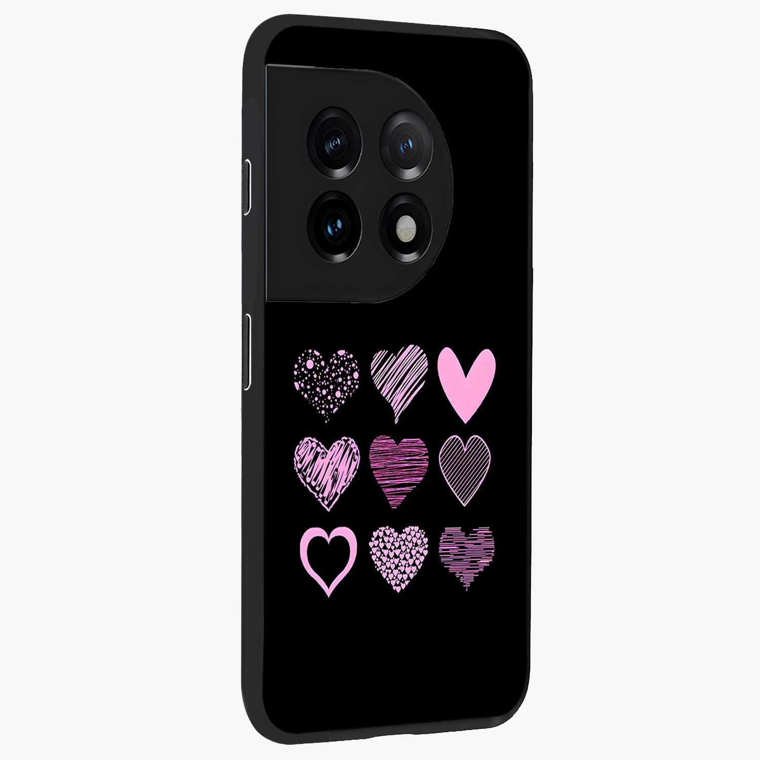 Pink Heart Aesthetic Glass Case for 1+11 side perspective highlighting smooth textures and premium edge finish