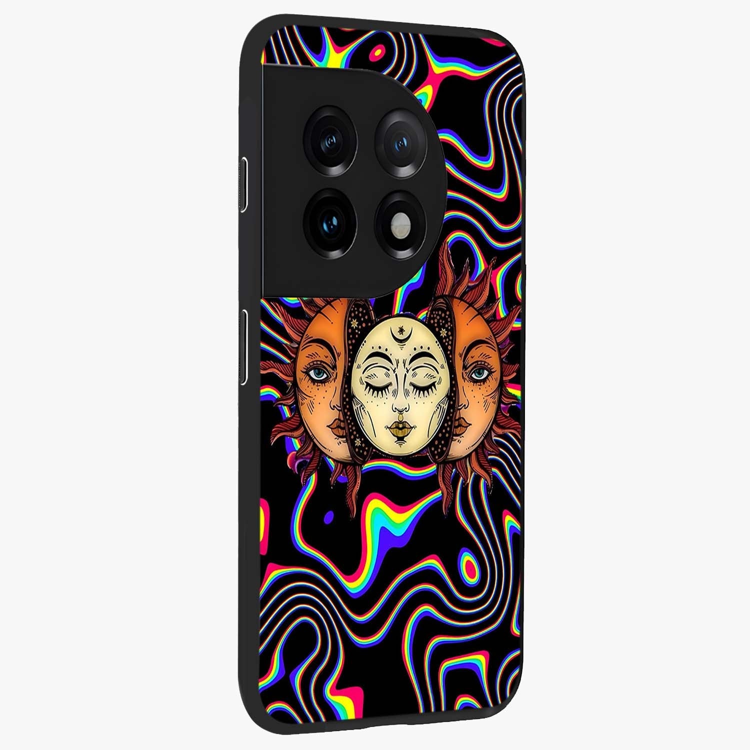Psychedelic Sun Glass Case for 1+11 side perspective highlighting vivid gradients and premium edge finish