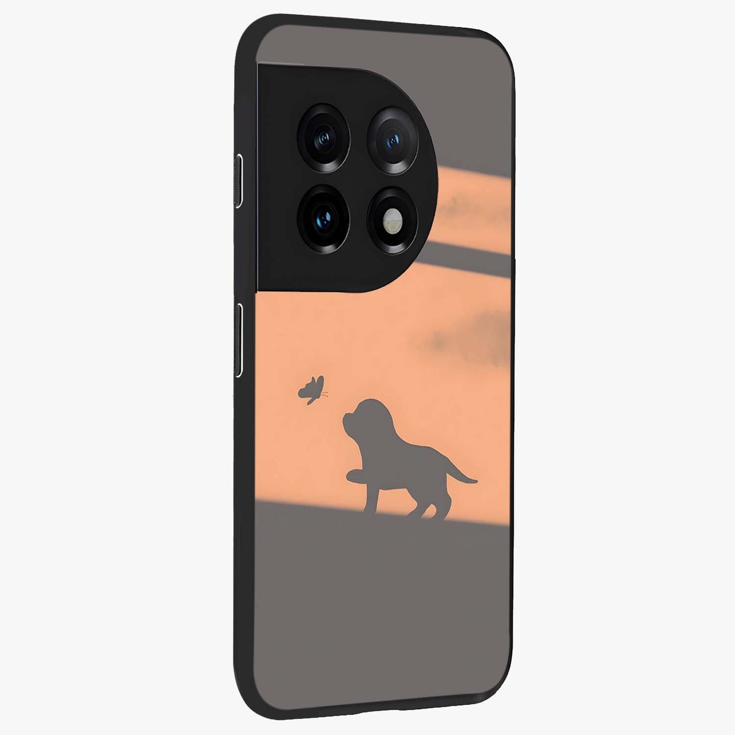 Puppy Shadow Art Glass Case for 1+11 side perspective highlighting cute illustration textures and smooth build