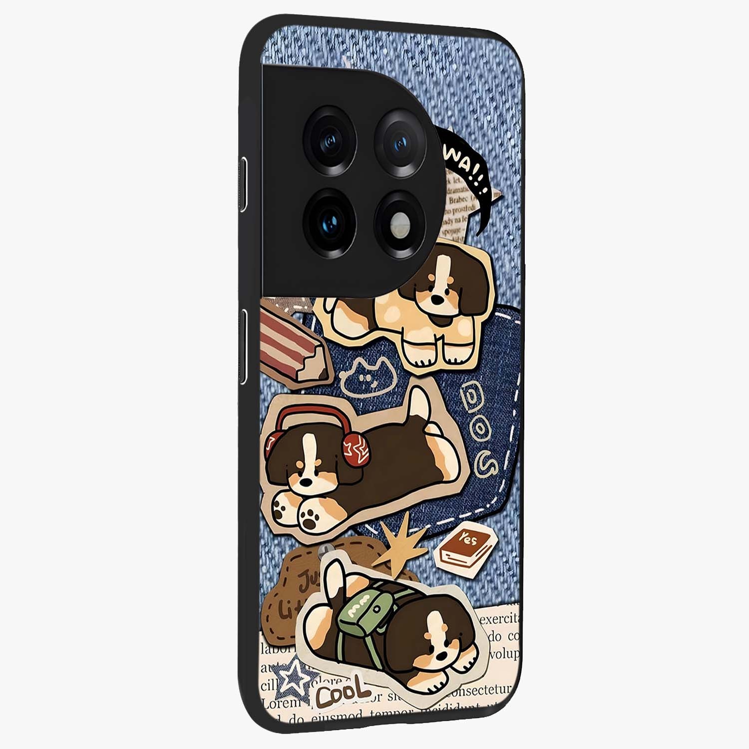 Puppy Sticker Parade Glass Case for 1+11 side perspective highlighting fun sticker textures and premium edges