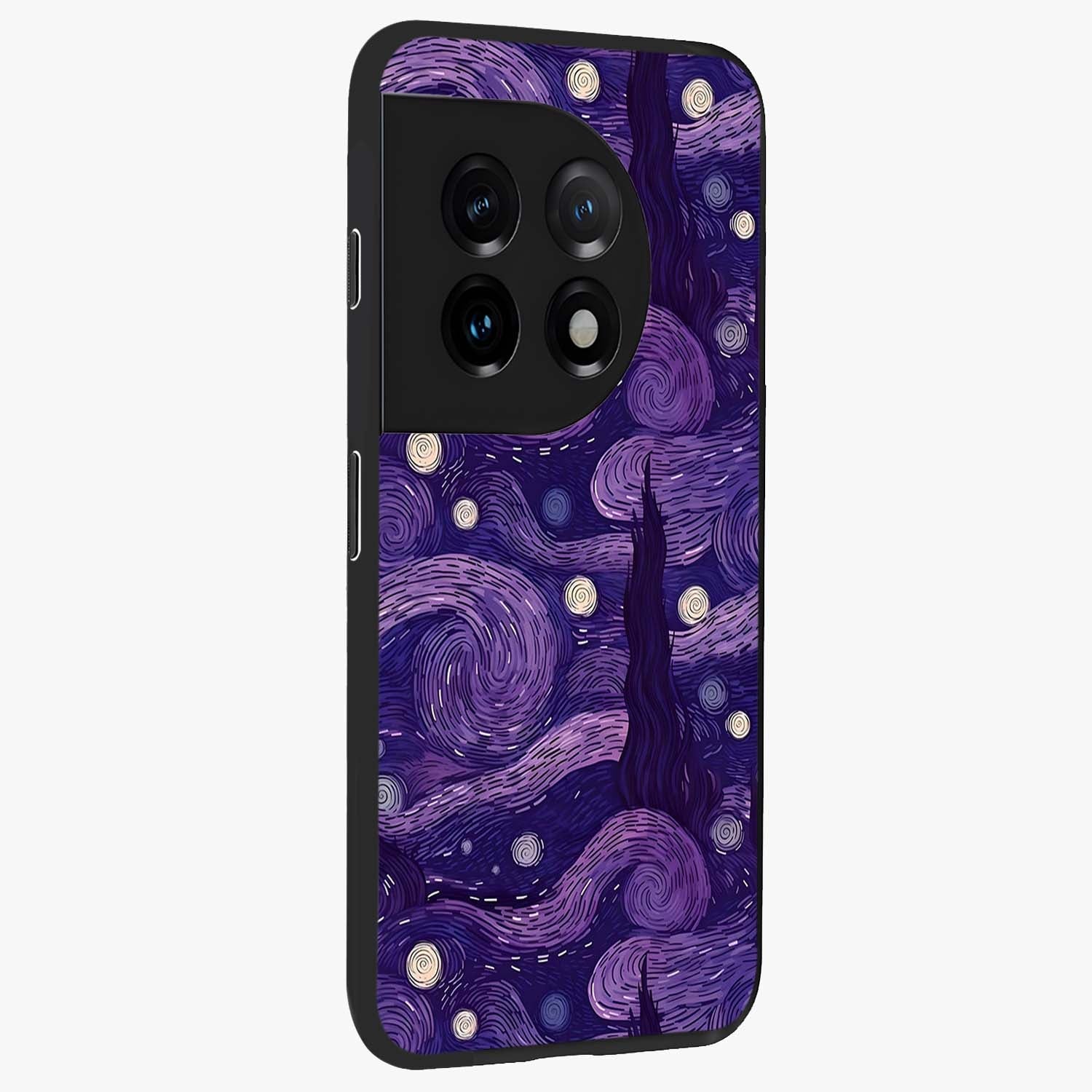 Purple Swirls Glass Case for 1+11 side perspective highlighting fluid textures and sleek premium build