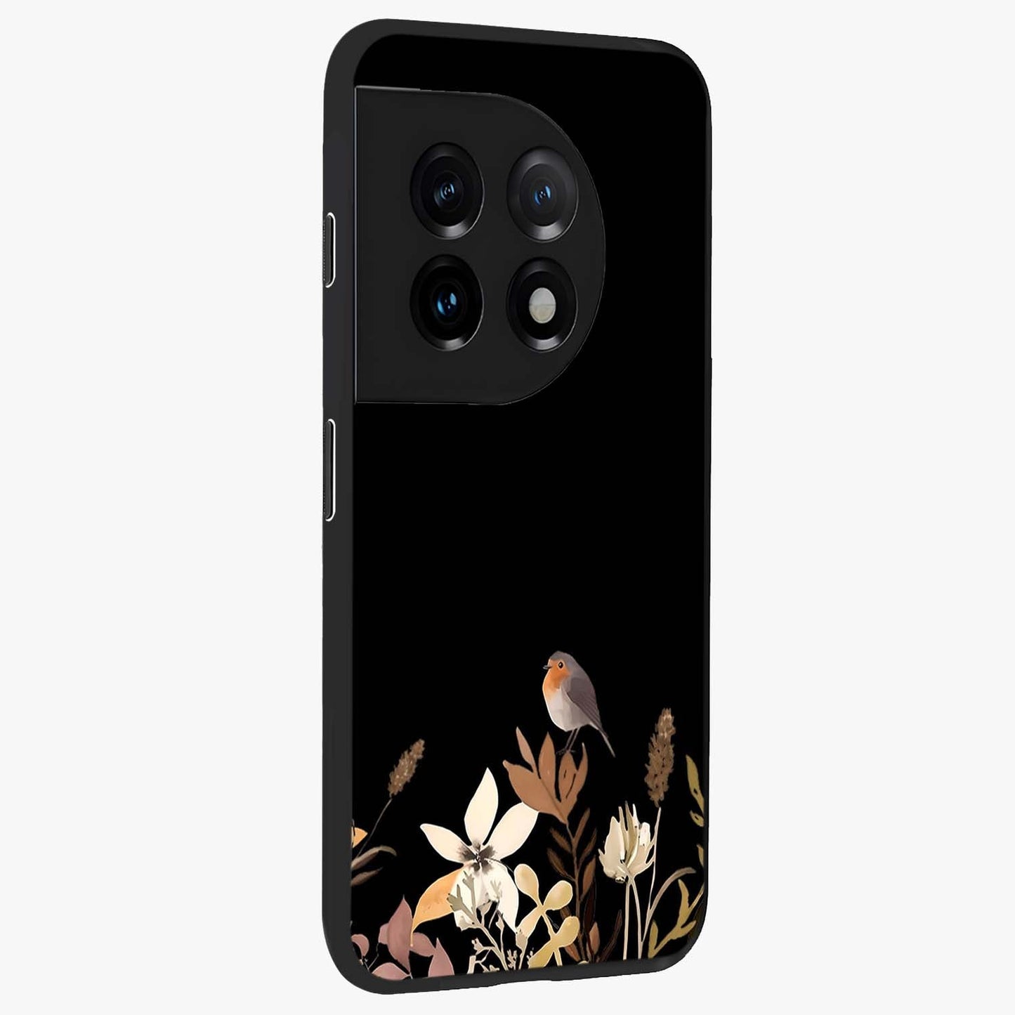Quiet Garden Tune Glass Case for 1+11 side perspective highlighting delicate bloom textures and premium edges