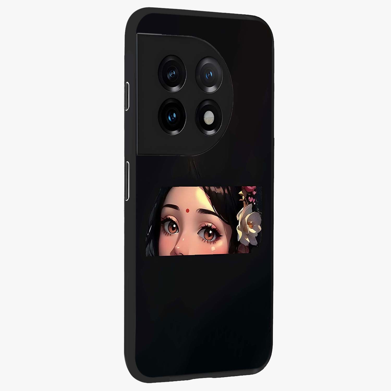 Radha Divine Embrace Glass Case for 1+11 side perspective highlighting intricate divine detailing and premium edges
