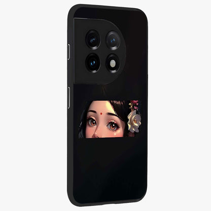 Radha Divine Embrace Glass Case for 1+11 side perspective highlighting intricate divine detailing and premium edges