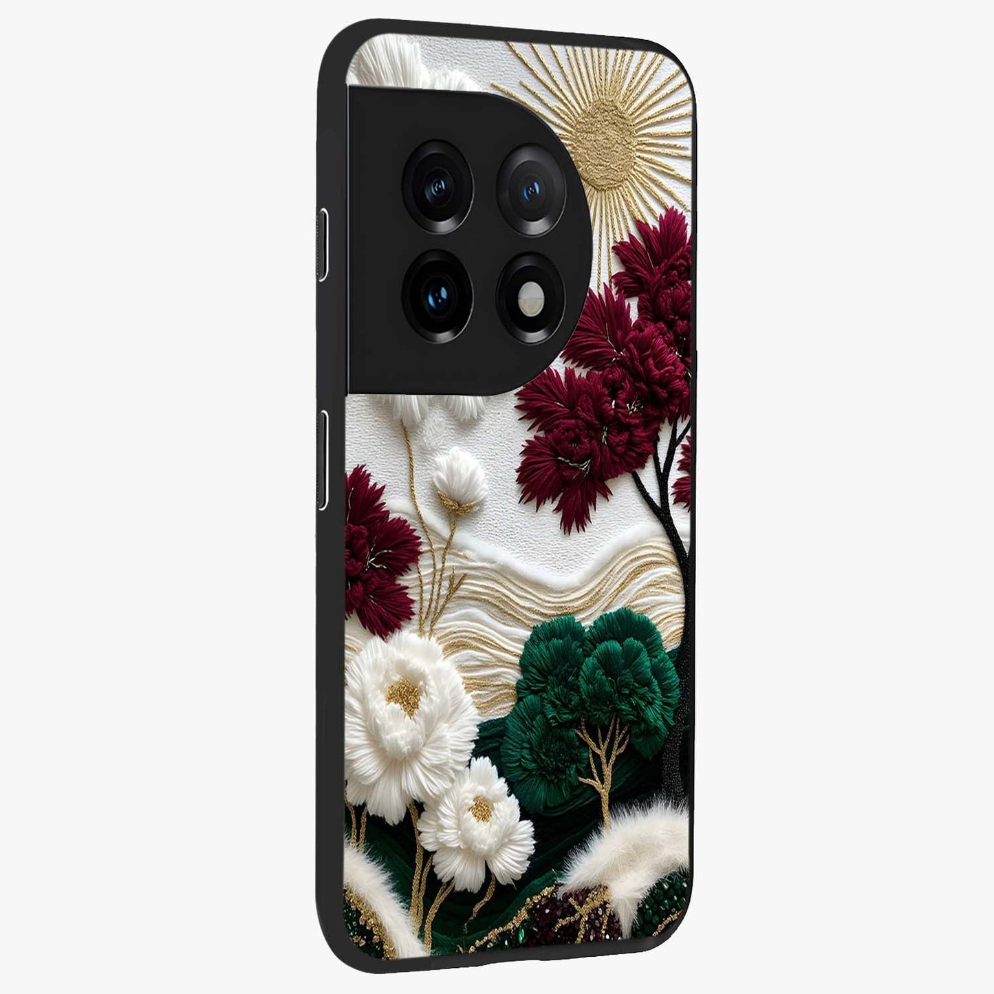 Radiant Bloom Elegance Glass Case for 1+11 side perspective highlighting delicate petal textures and premium edges