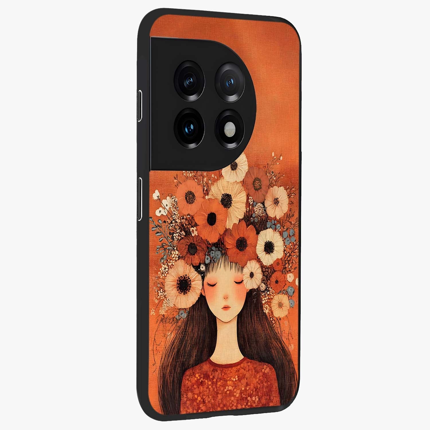 Radiant Flower Thoughts Glass Case for 1+11 side perspective highlighting refined textures and smooth build