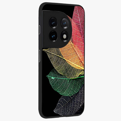 Rainbow Leaf Glow Glass Case for 1+11 side perspective highlighting bright detailing and premium edge finish