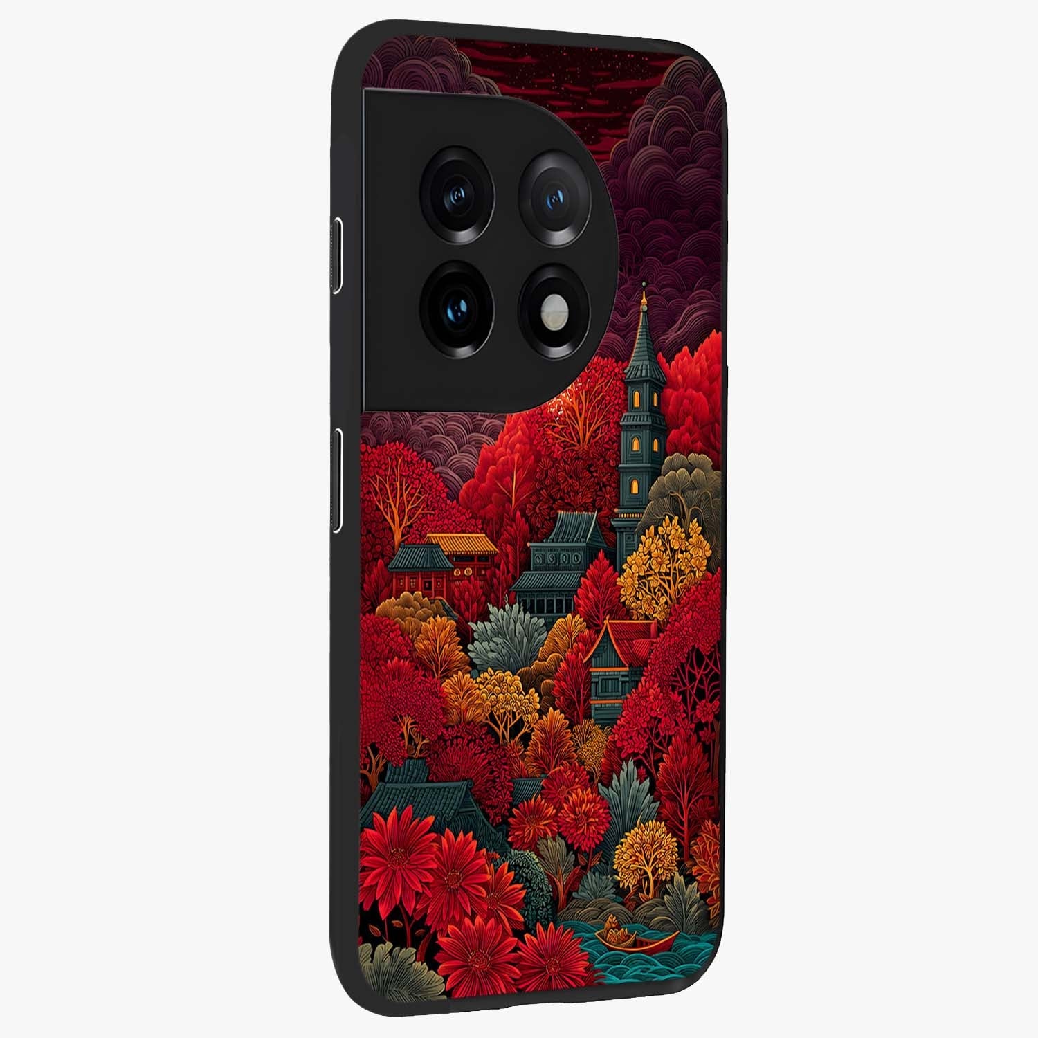 Red Scenery Hot Glass Case for 1+11 side perspective highlighting vivid gradient textures and smooth build