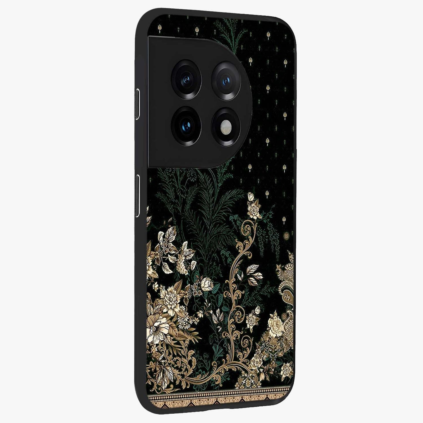 Regal Botanical Tapestry Glass Case for 1+11 side perspective highlighting detailed floral textures and sleek premium build