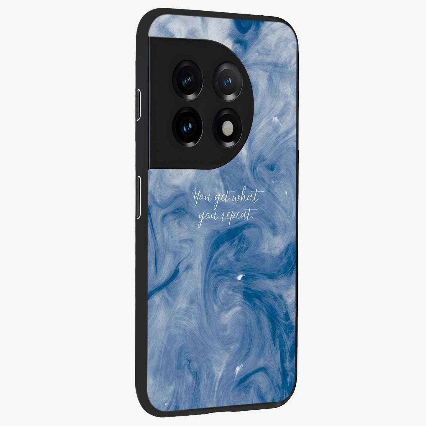 Repeat Your Destiny Glass Case for 1+11 side perspective highlighting strong text textures and premium edges